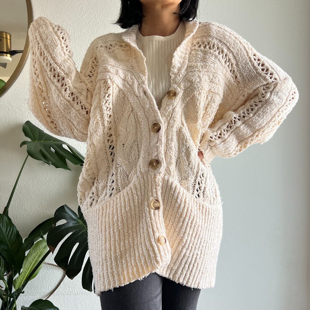 Free People Oversized Cable Knit Cardi in Ivory small Preppy Academia Cardigan - Picture 7 of 12